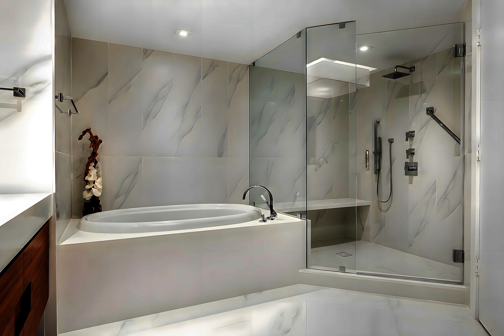 Tub deck and riser in pure white quartz